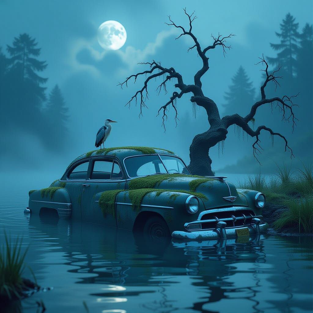 Eerie Lake Scene: Rusty Car, Fog, and Heron