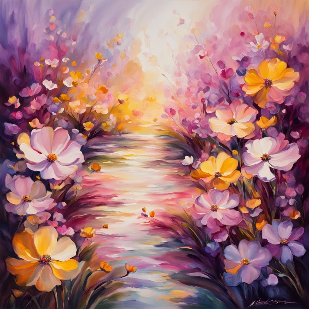 Surreal River of Flowers in Vibrant Oil Painting