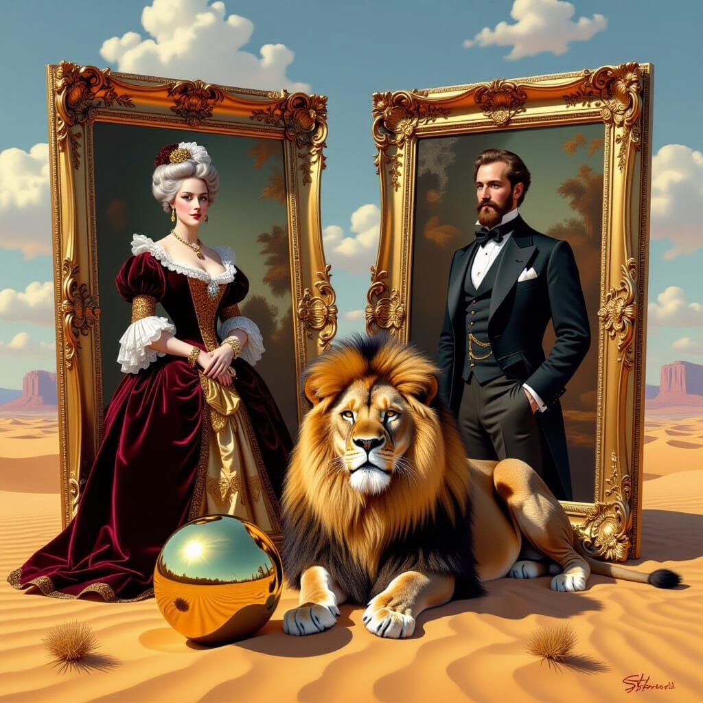 Desert Scene with Baroque Portraits and Majestic Lion