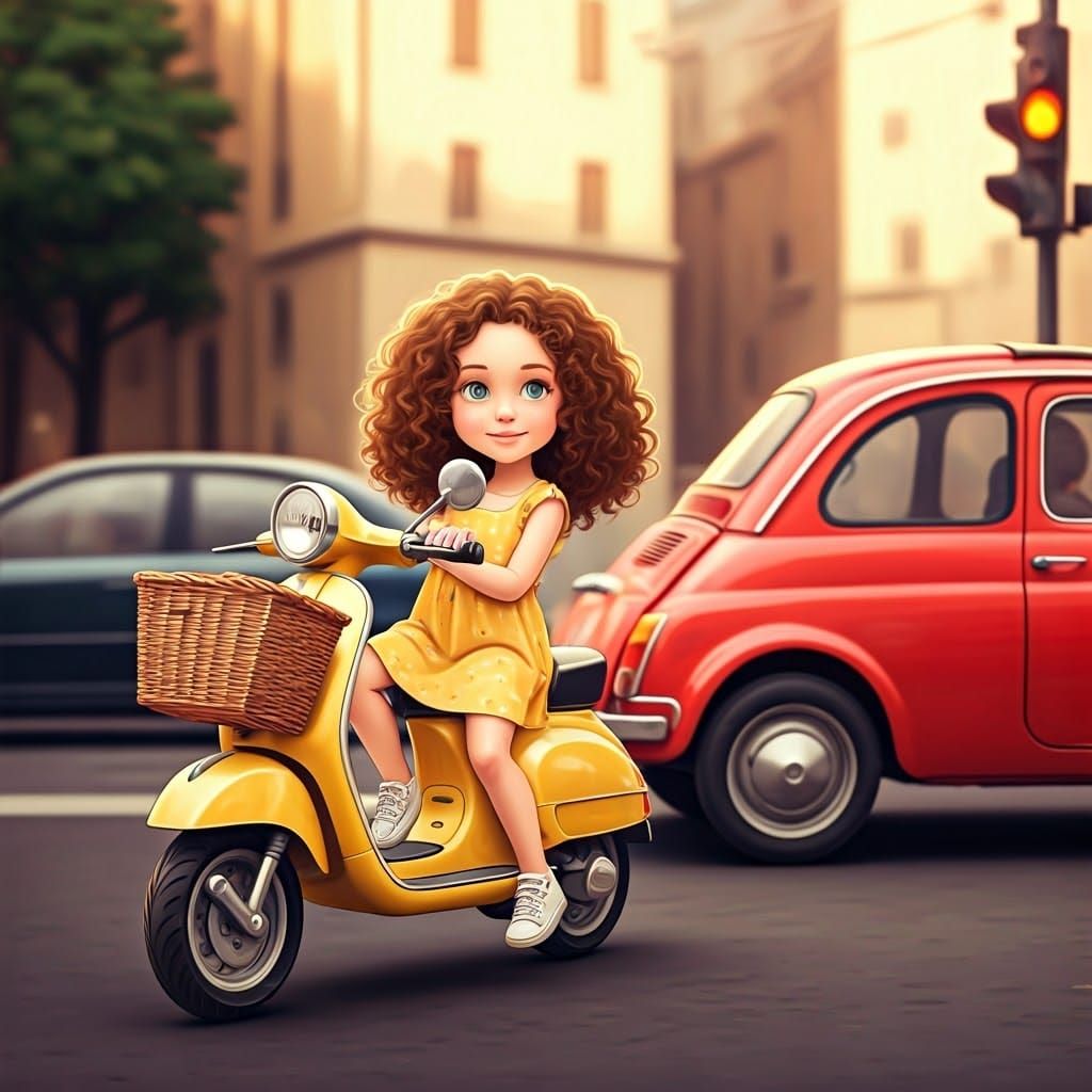 Girl on Scooter Next to Fiat, Expressive Art Style