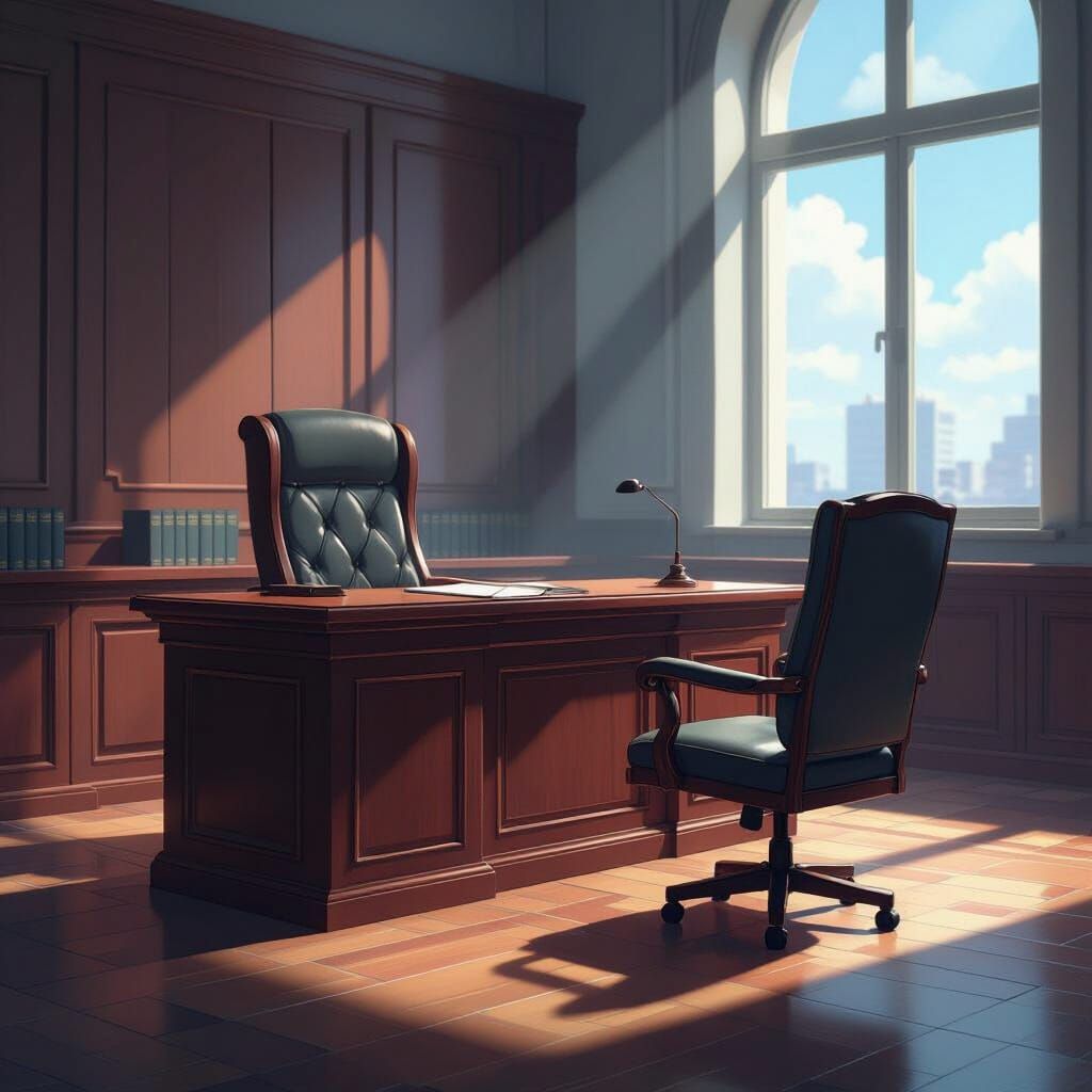 Anime-Style Empty Courtroom with Judge's Bench