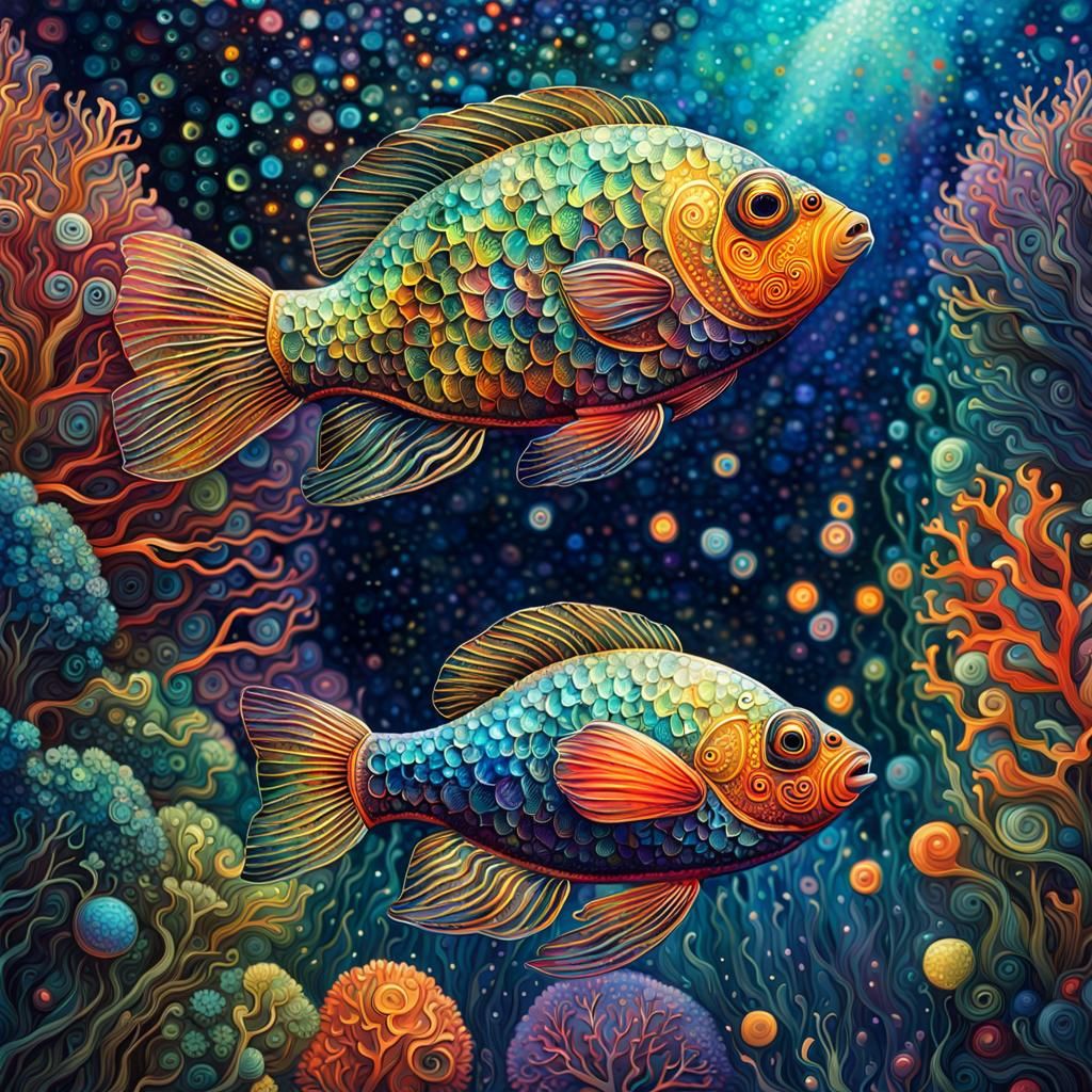 Rainbowfish in Underwater Glass Greenhouse, Iridescent Geome...