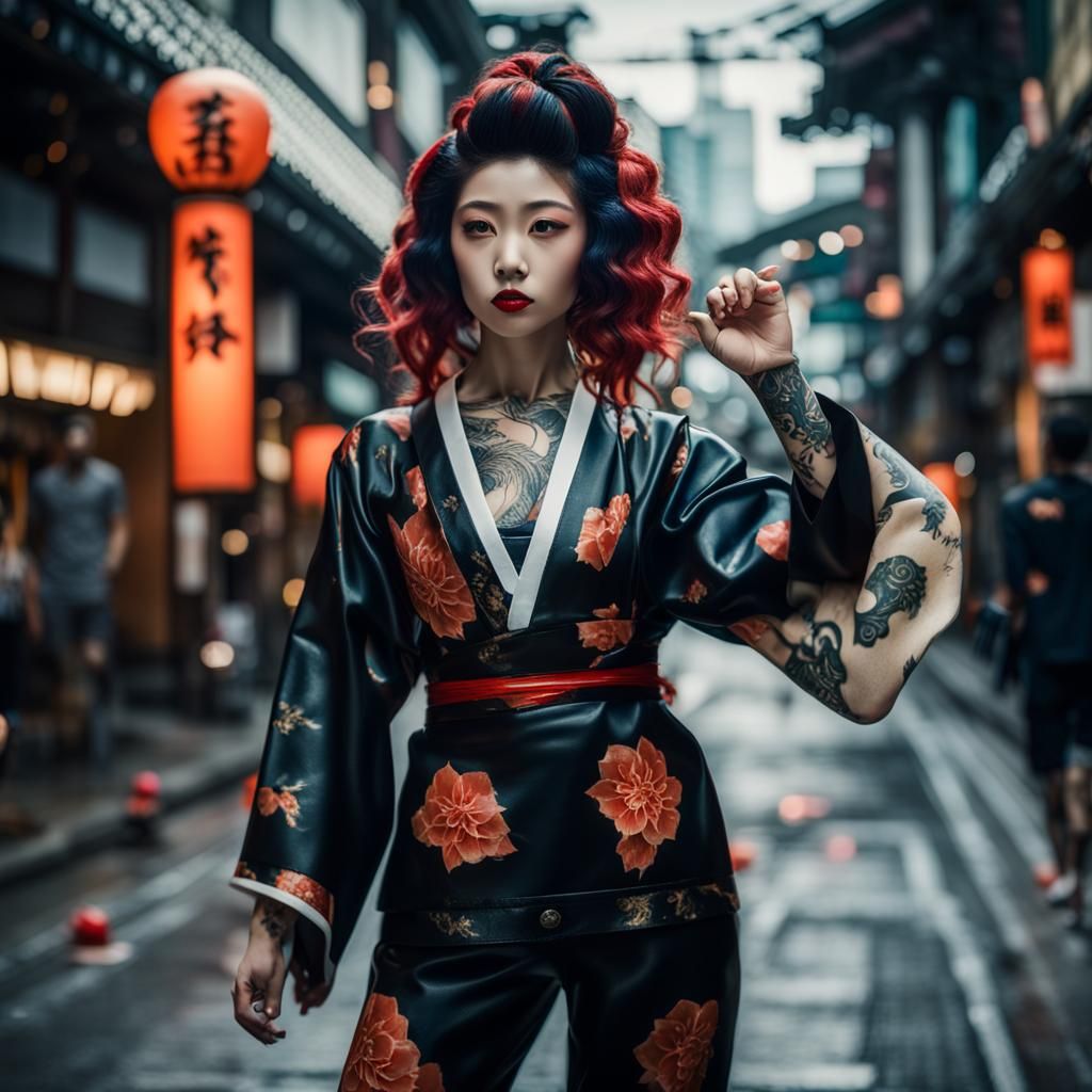 Oni Yōkai Female in Hibiya Street with Koi Skin