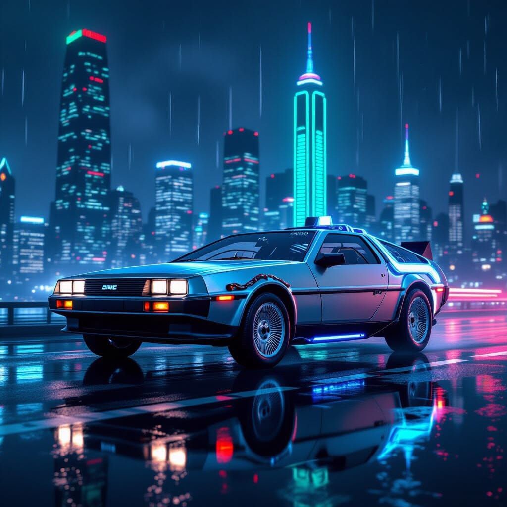DeLorean in Retro-Futuristic Cityscape with Neon Accents