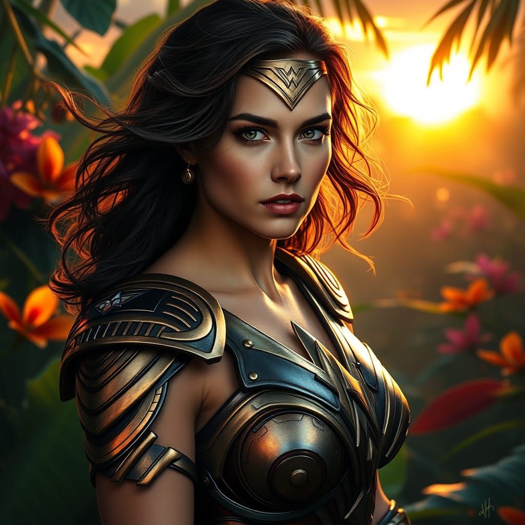 Wonder Woman in the Amazon Rainforest at Sunset