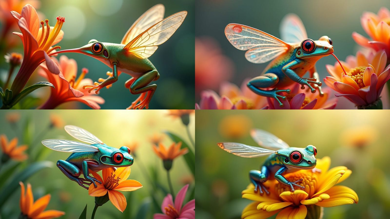 Flying Frog Pollinator with Wings and Flowers