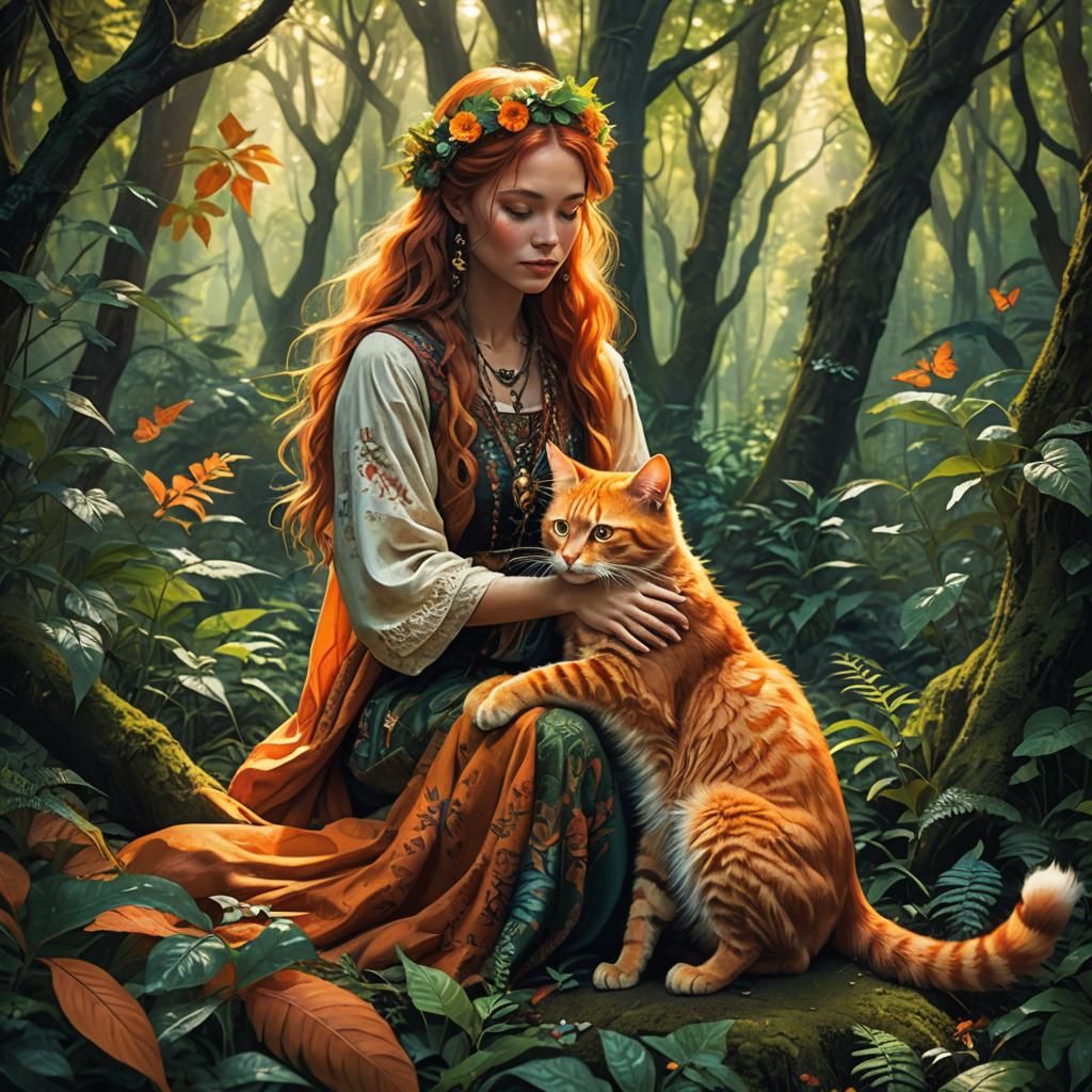 Mystical Woman and Cat in Enchanted Forest