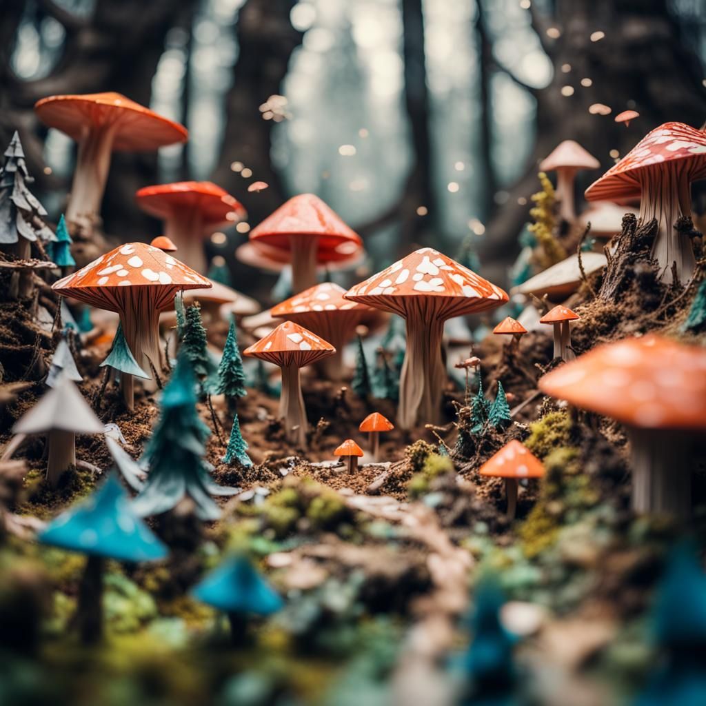 Origami Mushroom Garden Macro in Kawaii Style