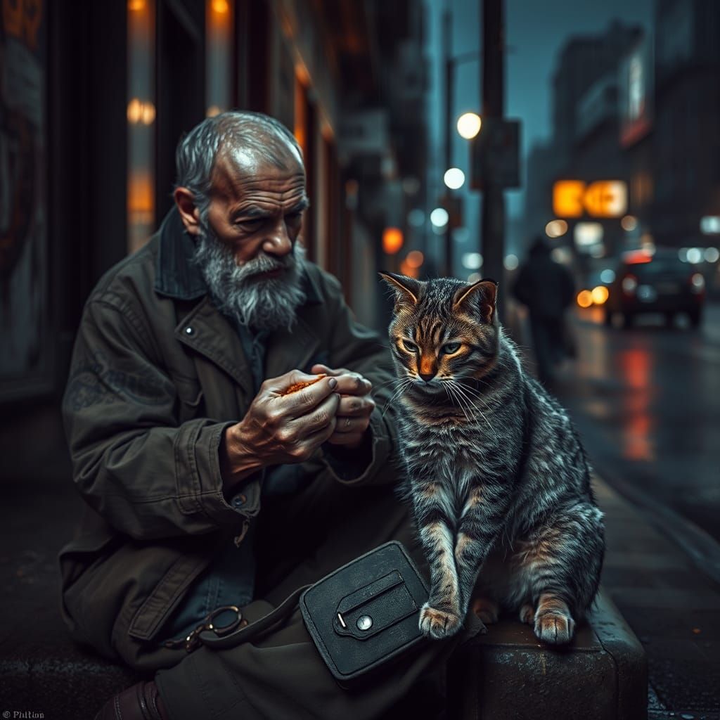 Homeless Man Feeds Cat: Hyperrealistic Digital Art