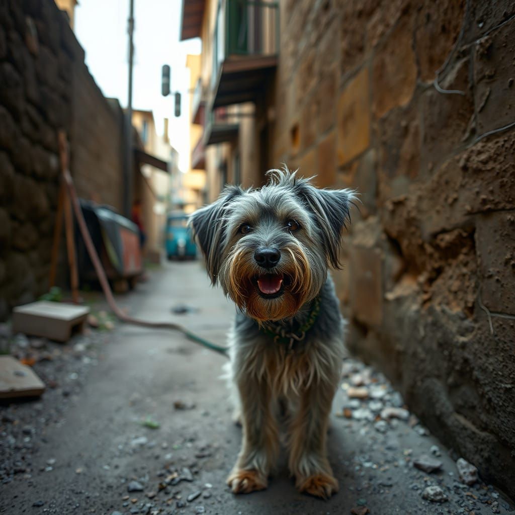 Rough-Looking Stray Dog in a Narrow Alleyway