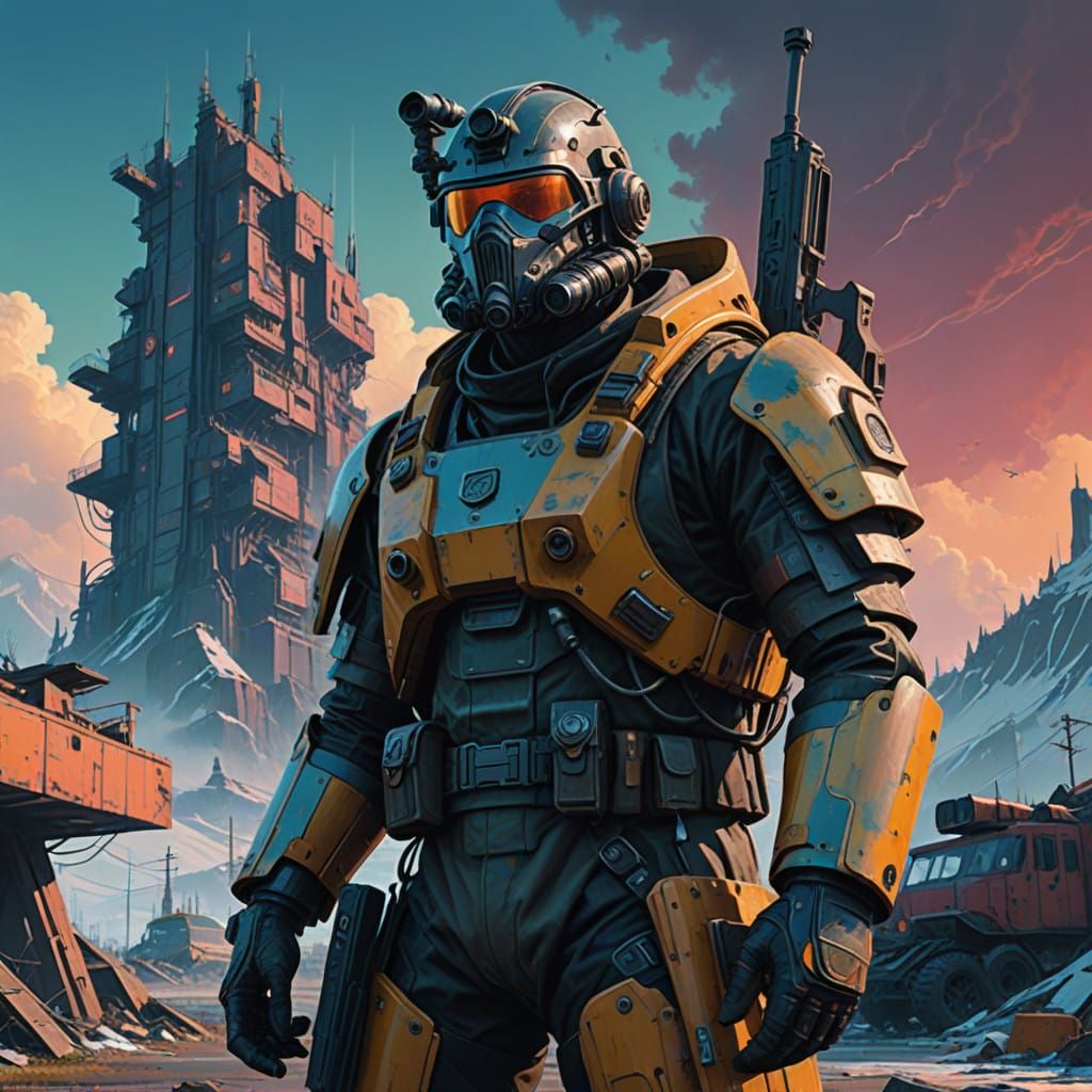 Warrior in Vibrant, Iridescent Landscape