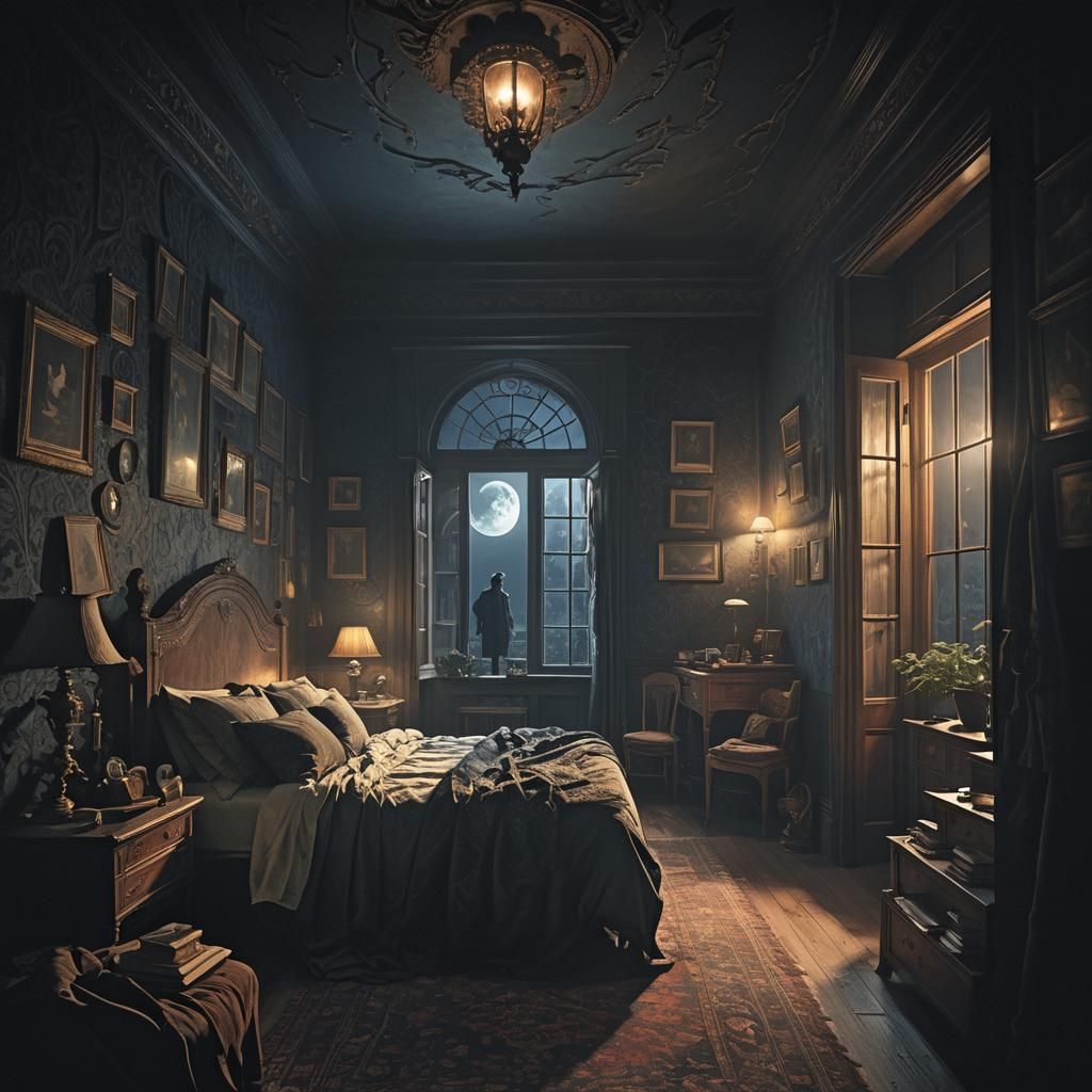 Eerie Shadow Figure in Dimly Lit Bedroom