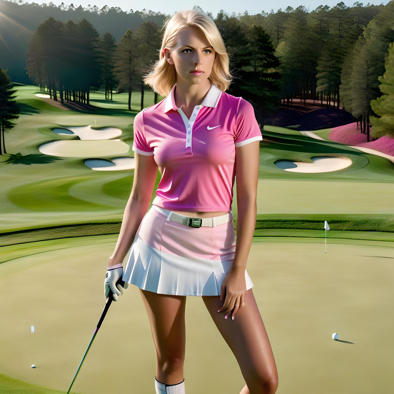 Blonde Woman Golfer in Pink on Sunny Course