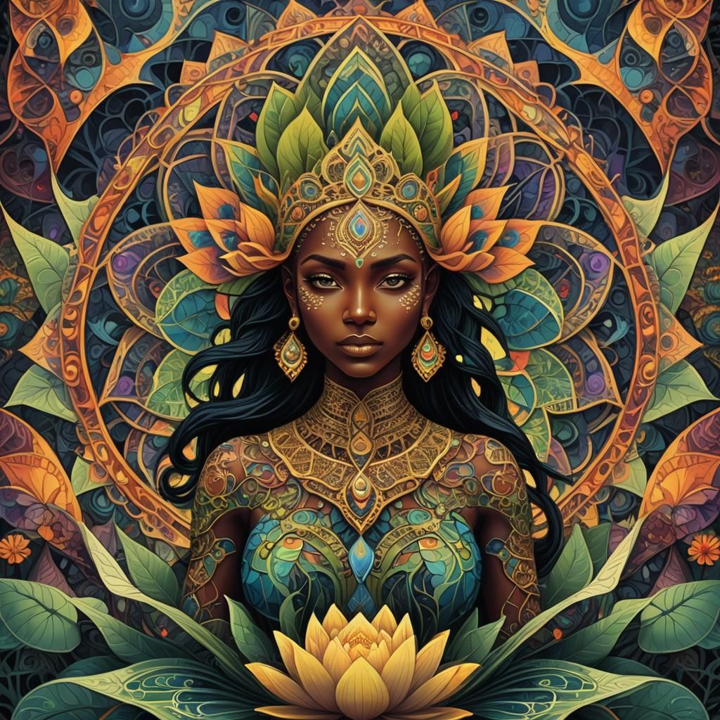 Kali in Lotus Field: Escher-Inspired Fractal Art