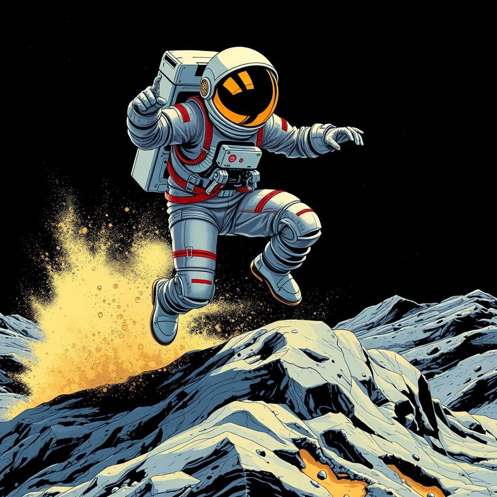 Vibrant Retro-Futuristic Spaceman Leaps on the Moon