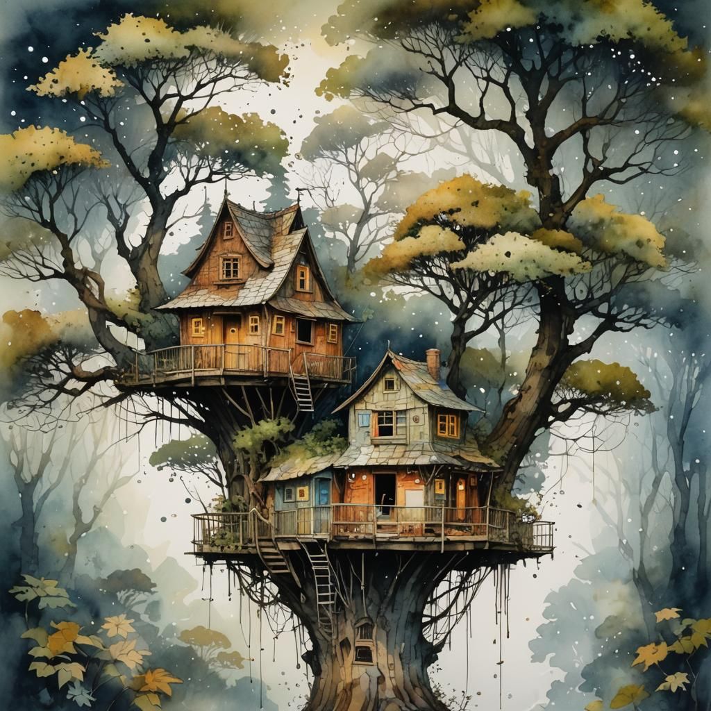 Tree house floating, watercolor ink, acrylic, collage, scraps, dot paint pen, textures, pen, ink, by St...