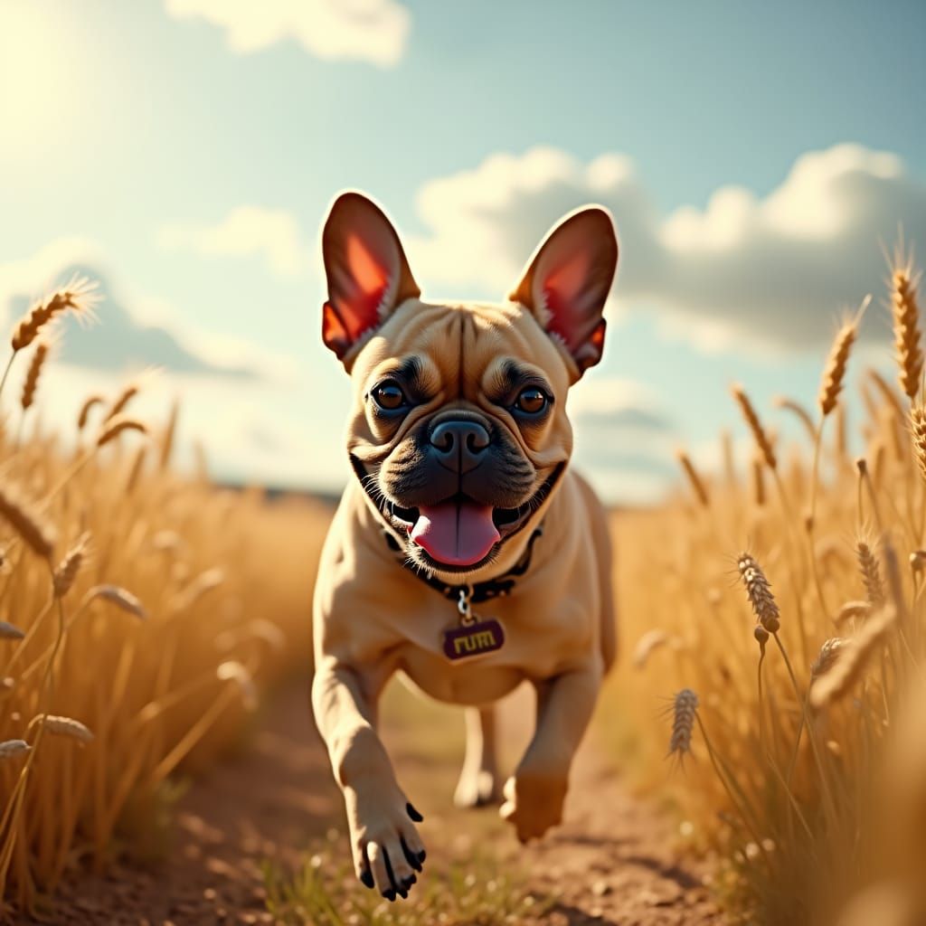 French Bulldog Runs Through Golden Wheat Field