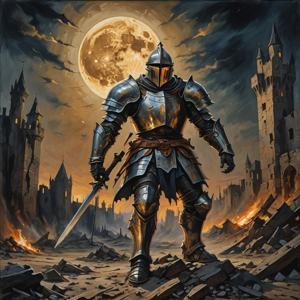 Mad Knight in Ruined Landscape: Surreal Fauvist Art