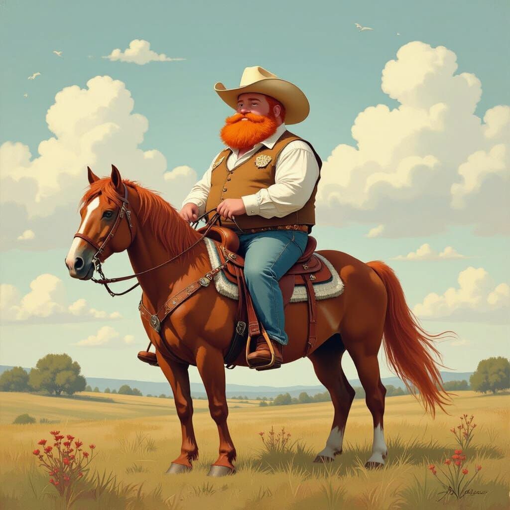 Cowboy With Orange Hair on Horse in Whimsical Style