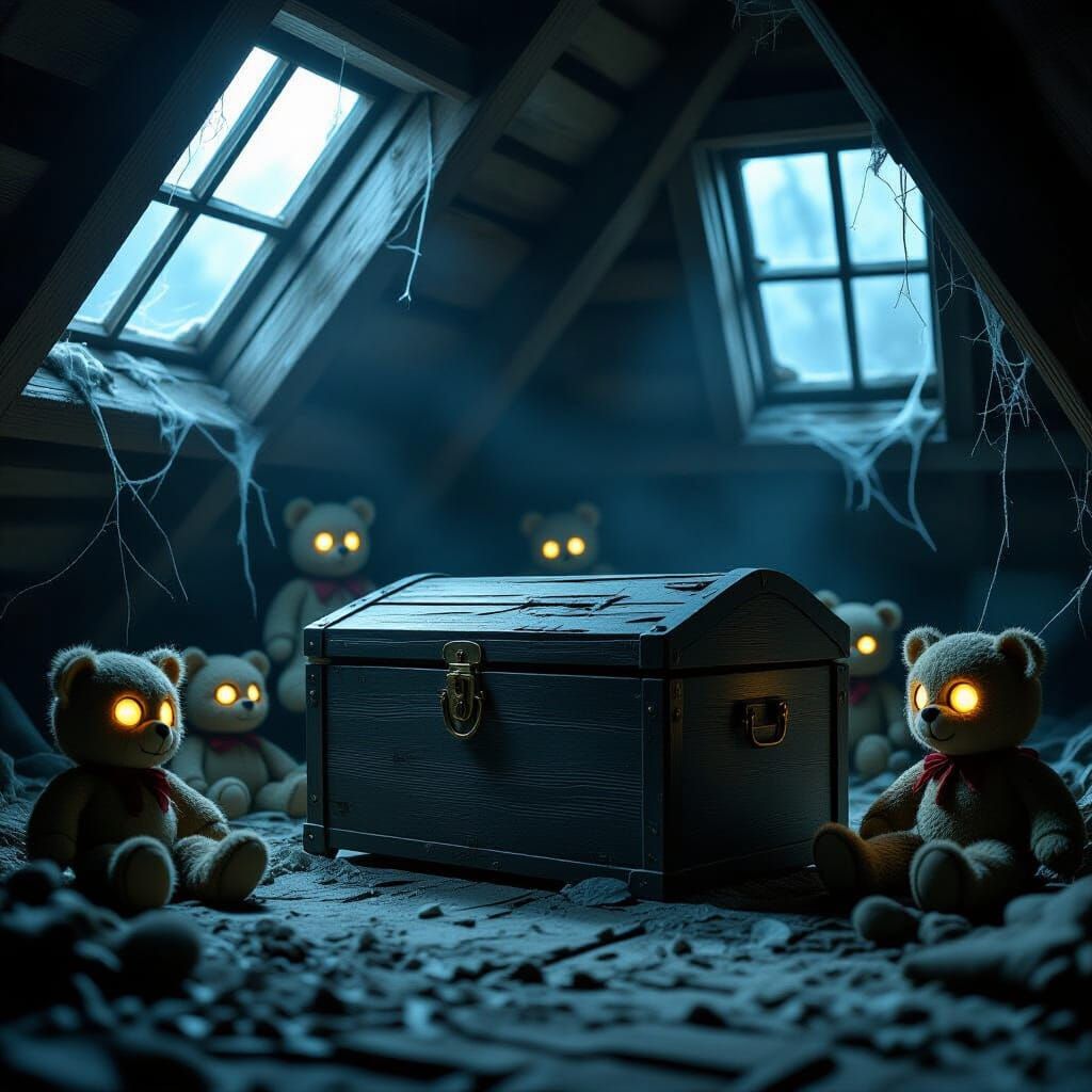 Creepy Toy Box in Dusty Attic with Sinister Stuffed Animals