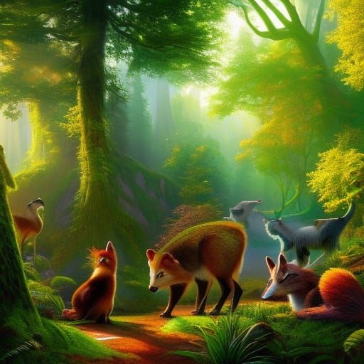 Idyllic Forest Scene with Anthropomorphic Animals
