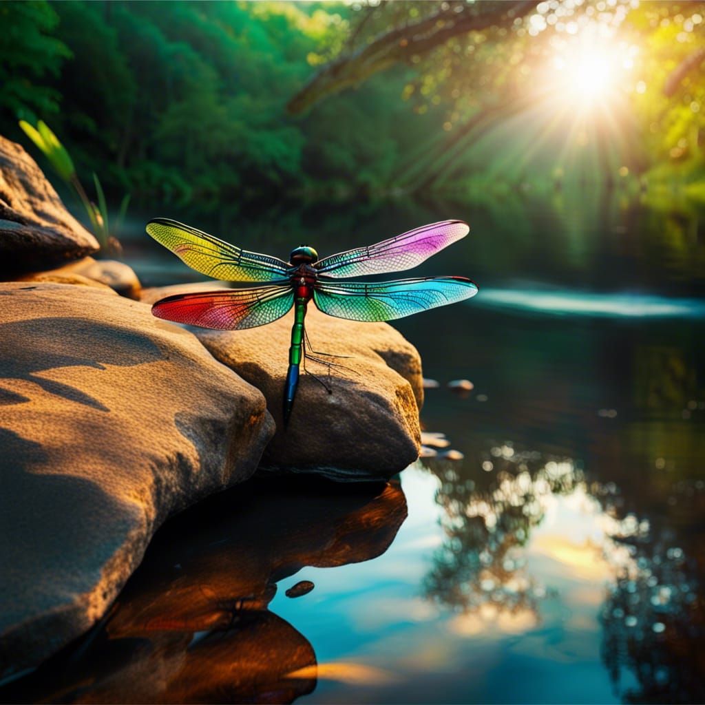 Tiffany Glass Dragonfly in Jungle at Sunrise