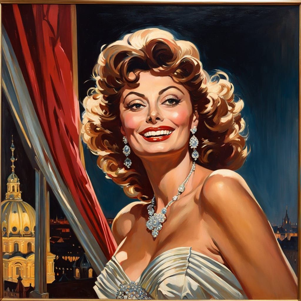 Vintage Portrait of Woman on Balcony as Oil Painting