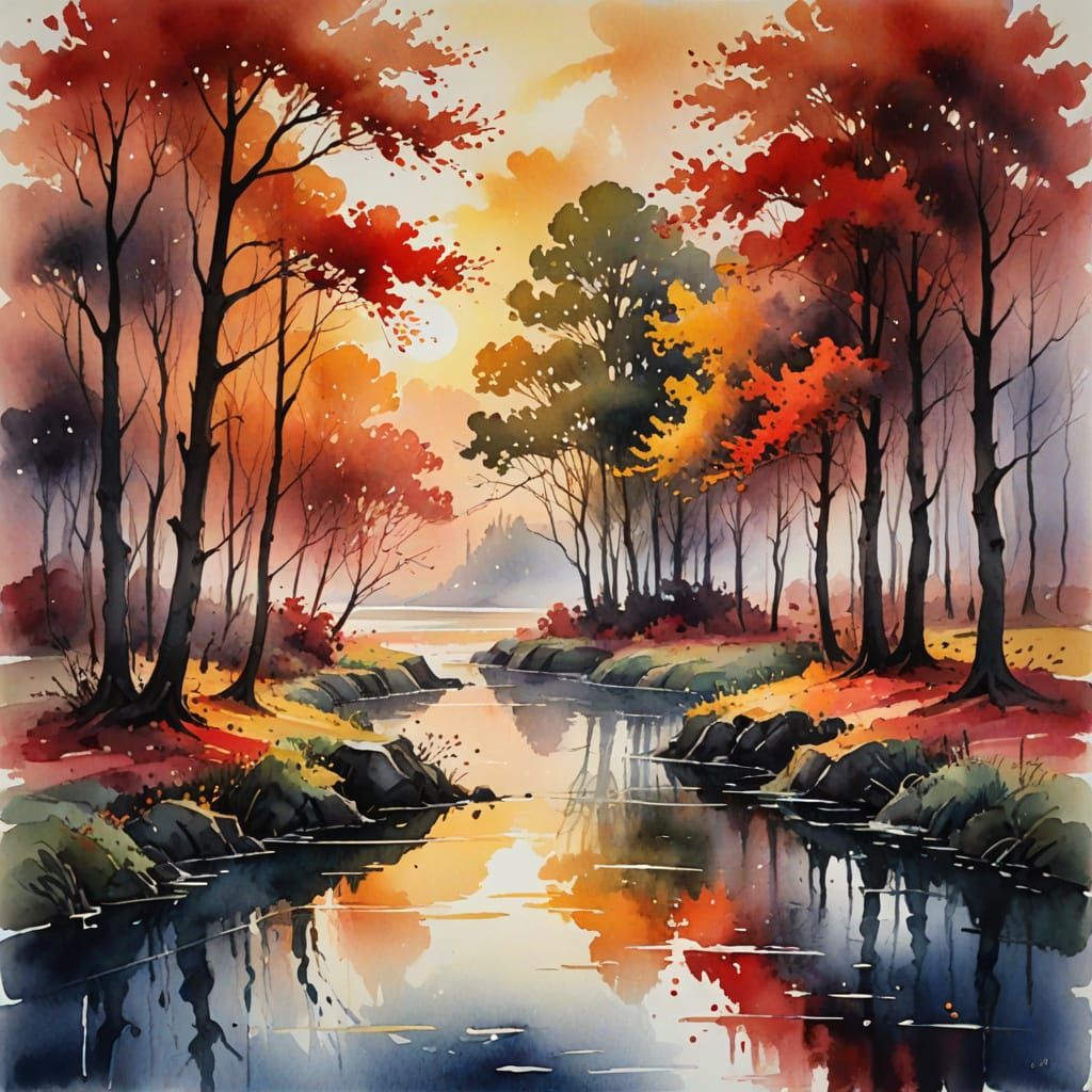 Crimson Landscape: Expressionist Watercolor Painting