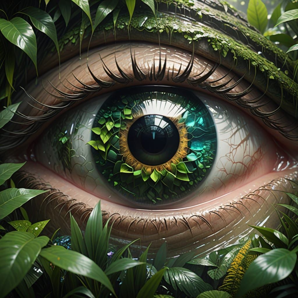 Eye Iris Replaced with Vivid Jungle Scene, Macro Photography