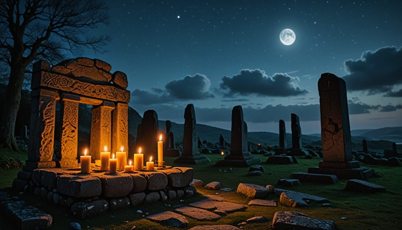 Celtic Altar Illuminated by Flickering Candles in the Night
