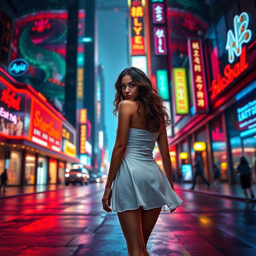 Futuristic Cityscape with Woman in Cyberpunk Style