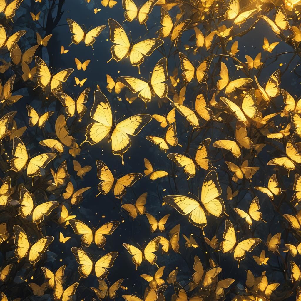 Glowing Yellow Butterflies in 3D Anime Art
