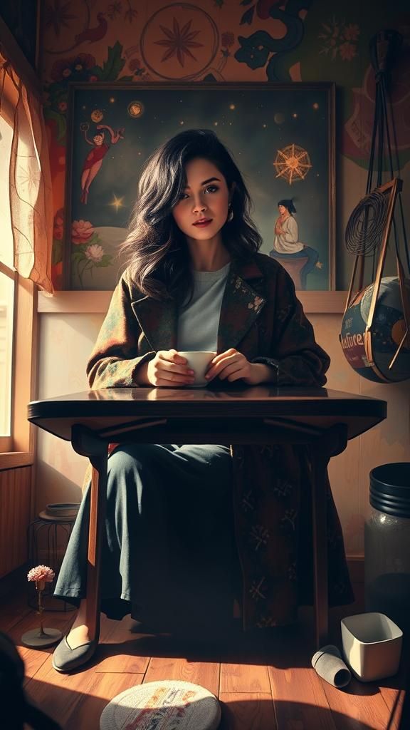 Woman at Cafe with Celestial Mural in Klimt Style