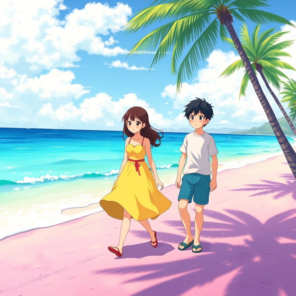 Anime Couple on Colorful Beach in Ghibli Style