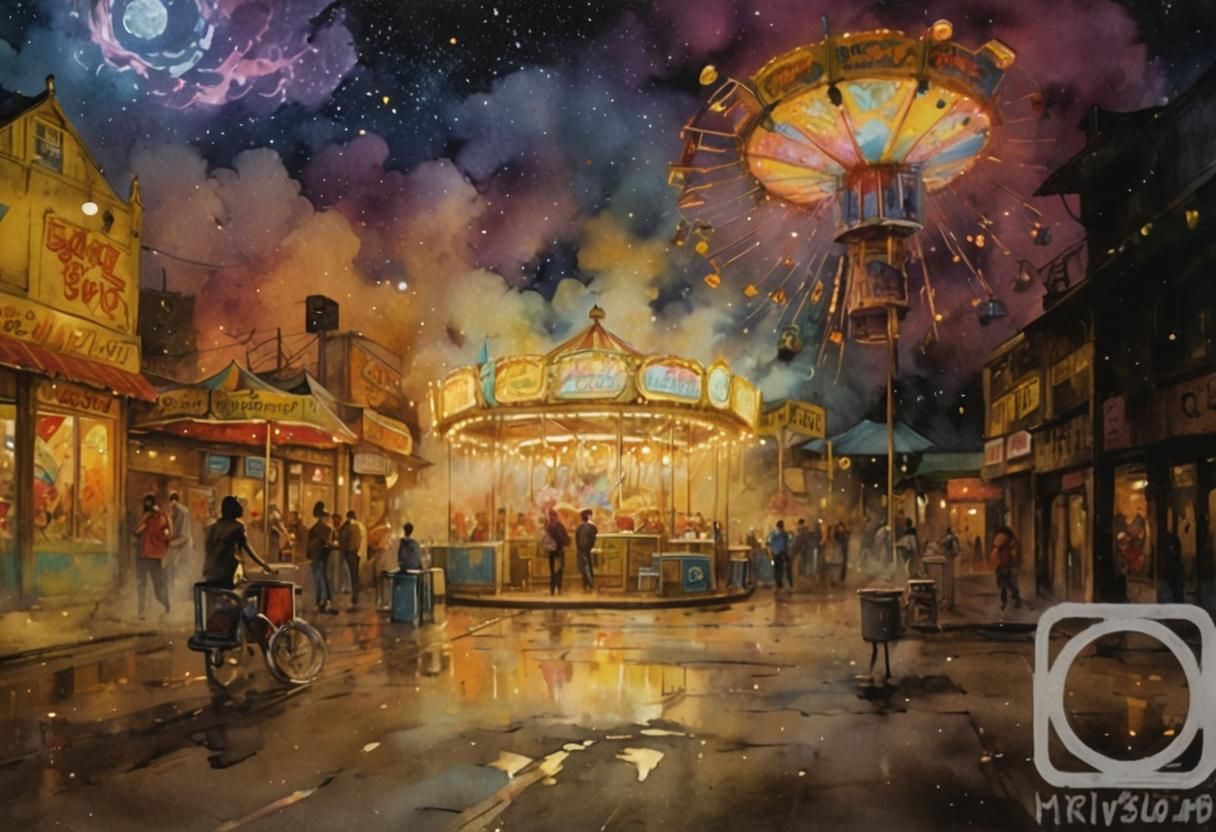 Vibrant Night Funfair in Watercolor Comic Style