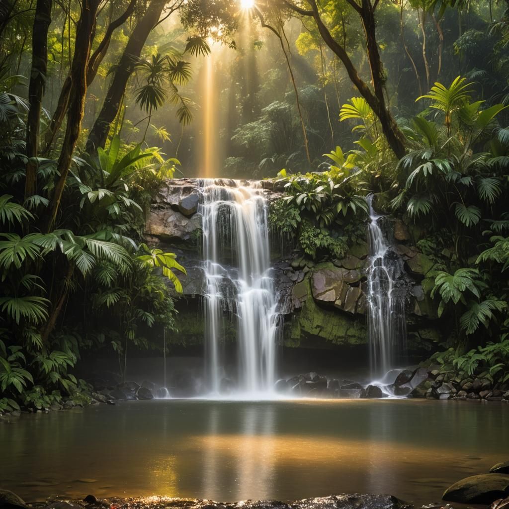 Jungle Waterfall at Golden Hour with Rainbow