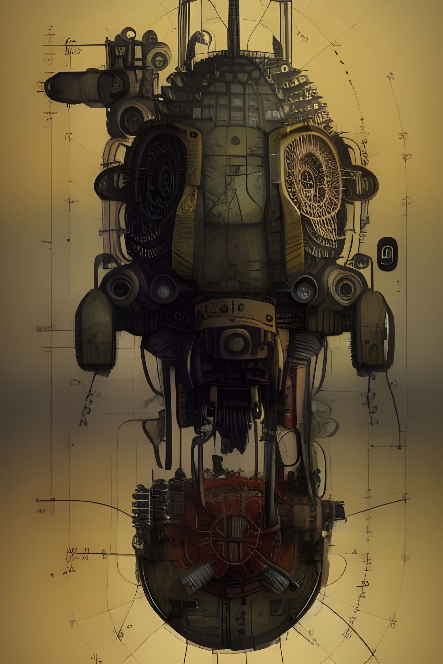 Biomechanical Mech Warrior Blueprint Illustration