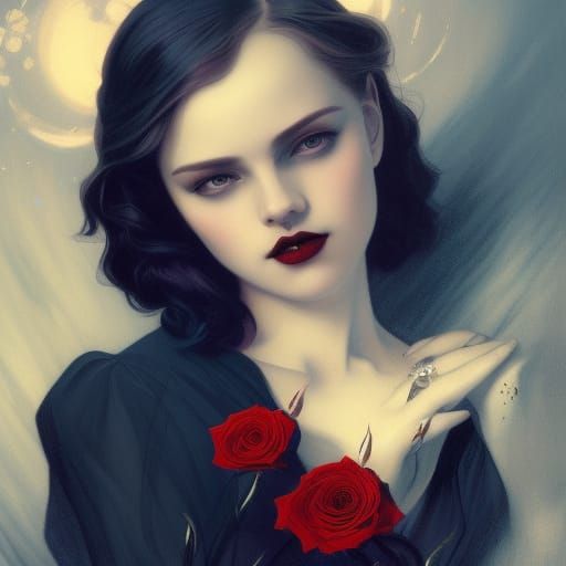 Eerie Gothic Portrait of Sad Woman with Roses
