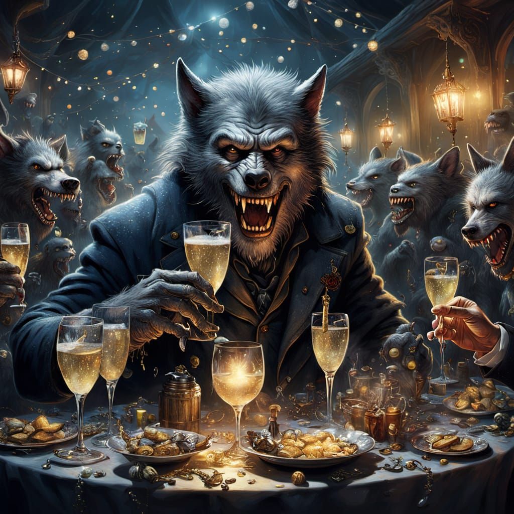 Werewolf Cheers to New Year's Eve Party with Fantasy Creatur...