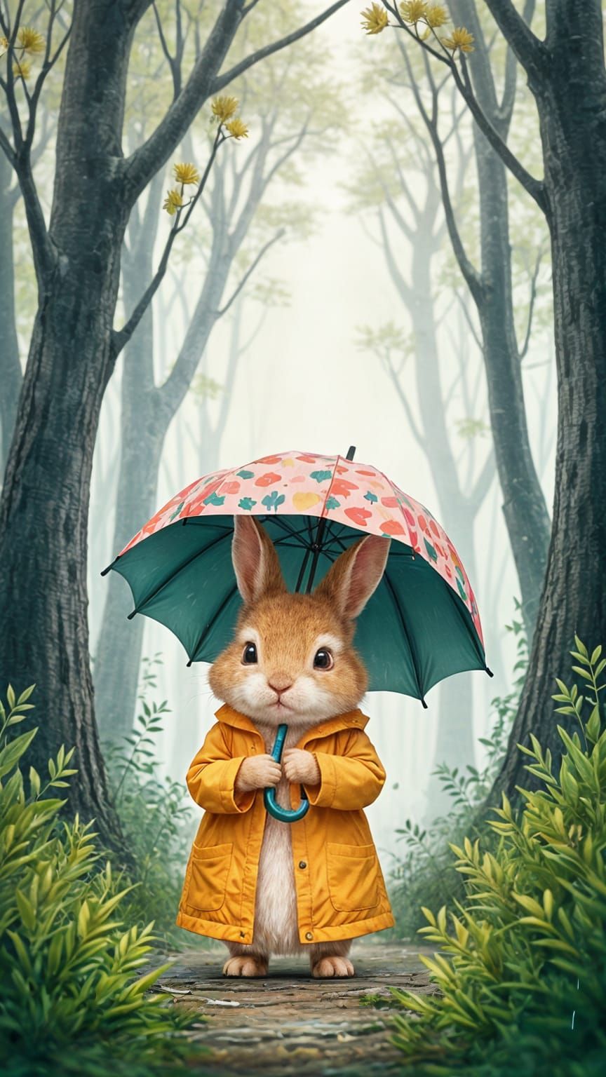 Whimsical Watercolor Rabbit in Rainy Forest