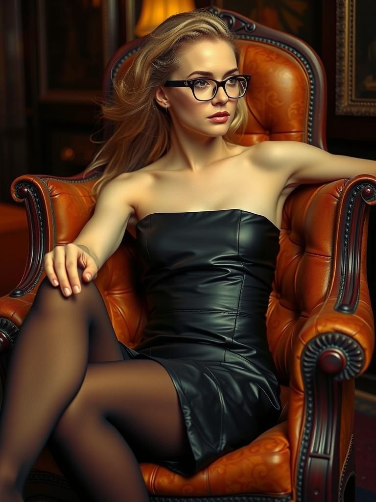 Blonde Woman in Leather Crop Top and Stockings