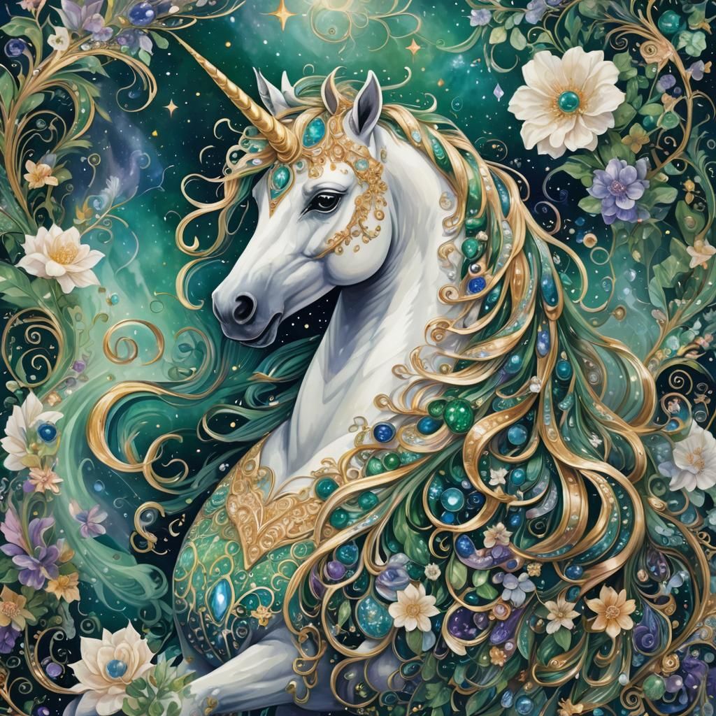Majestic Unicorn with Emerald Mane, Renaissance Style