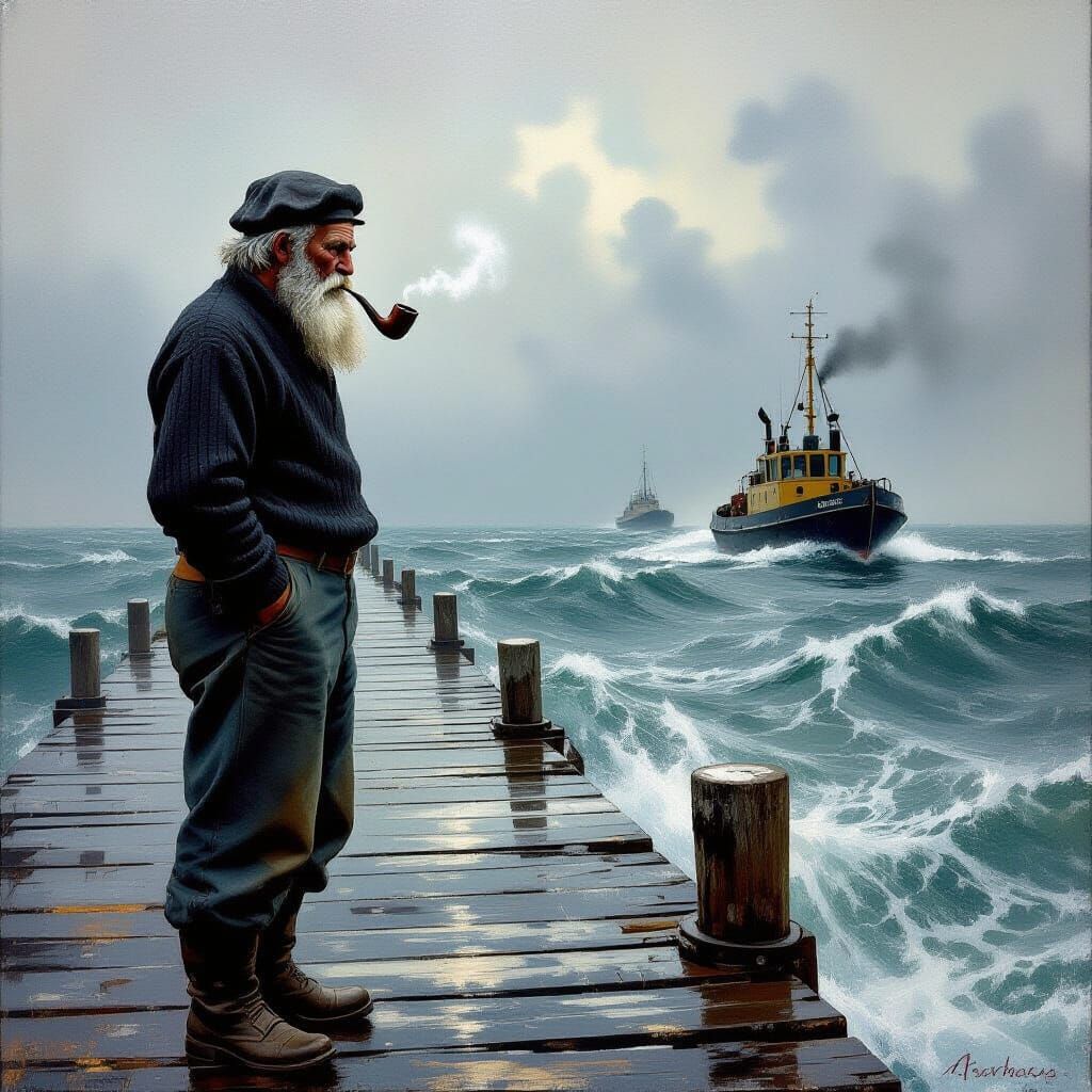 Old Sailor Gazing at Sea, Dramatic Seascape