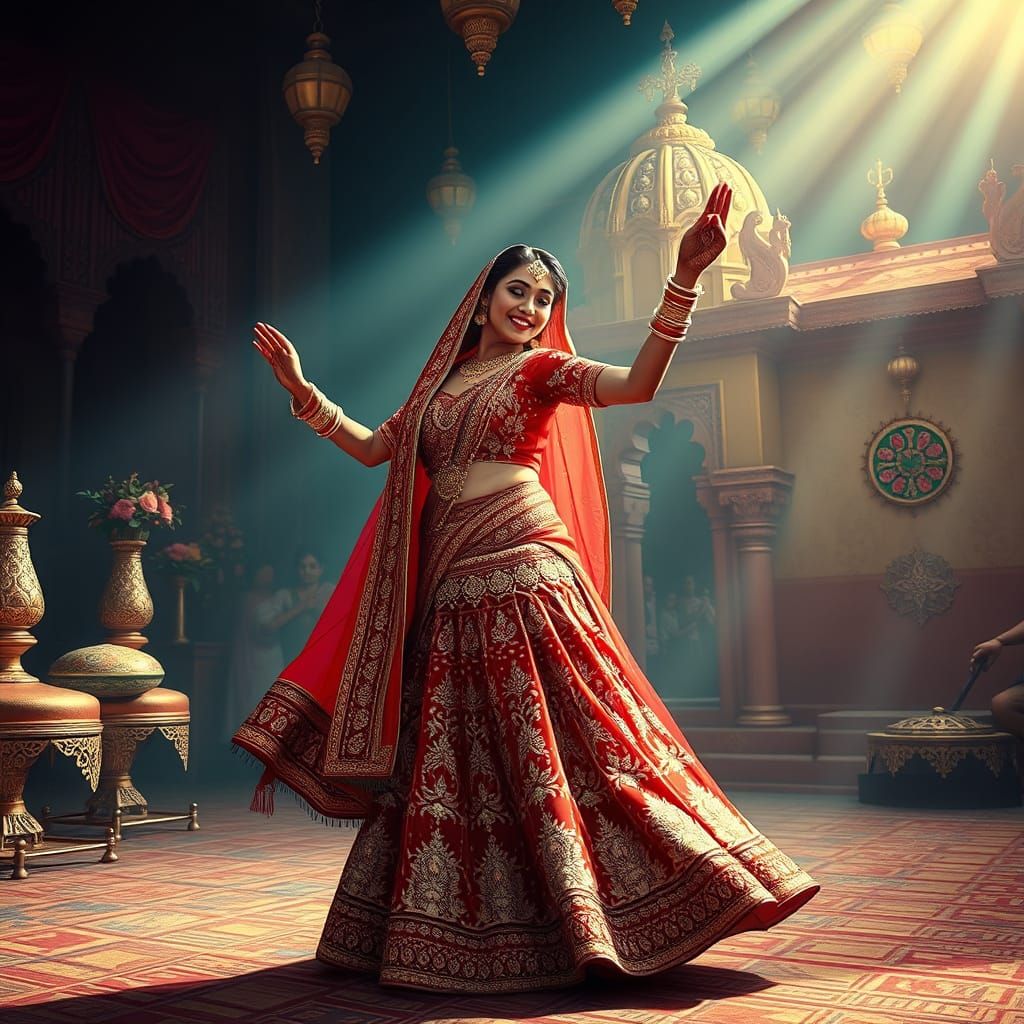 Radiant Indian Bride in Elegant Lehenga, Dancing with Abando...