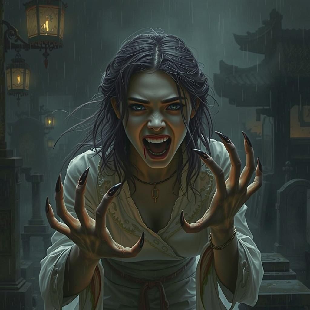 Photorealistic Portrait of a Terrifying Asian Woman Ghost