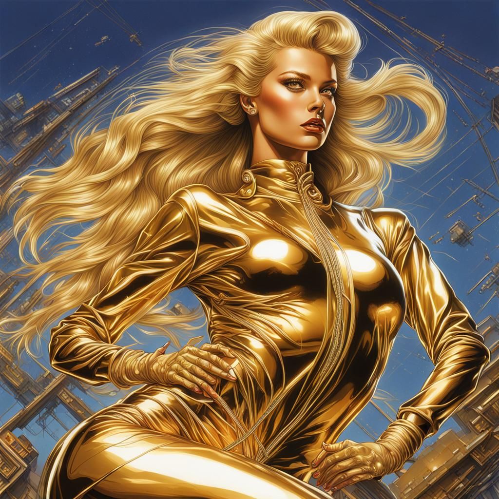 Voluptuous Woman in Golden Bodysuit: 80s Illustration