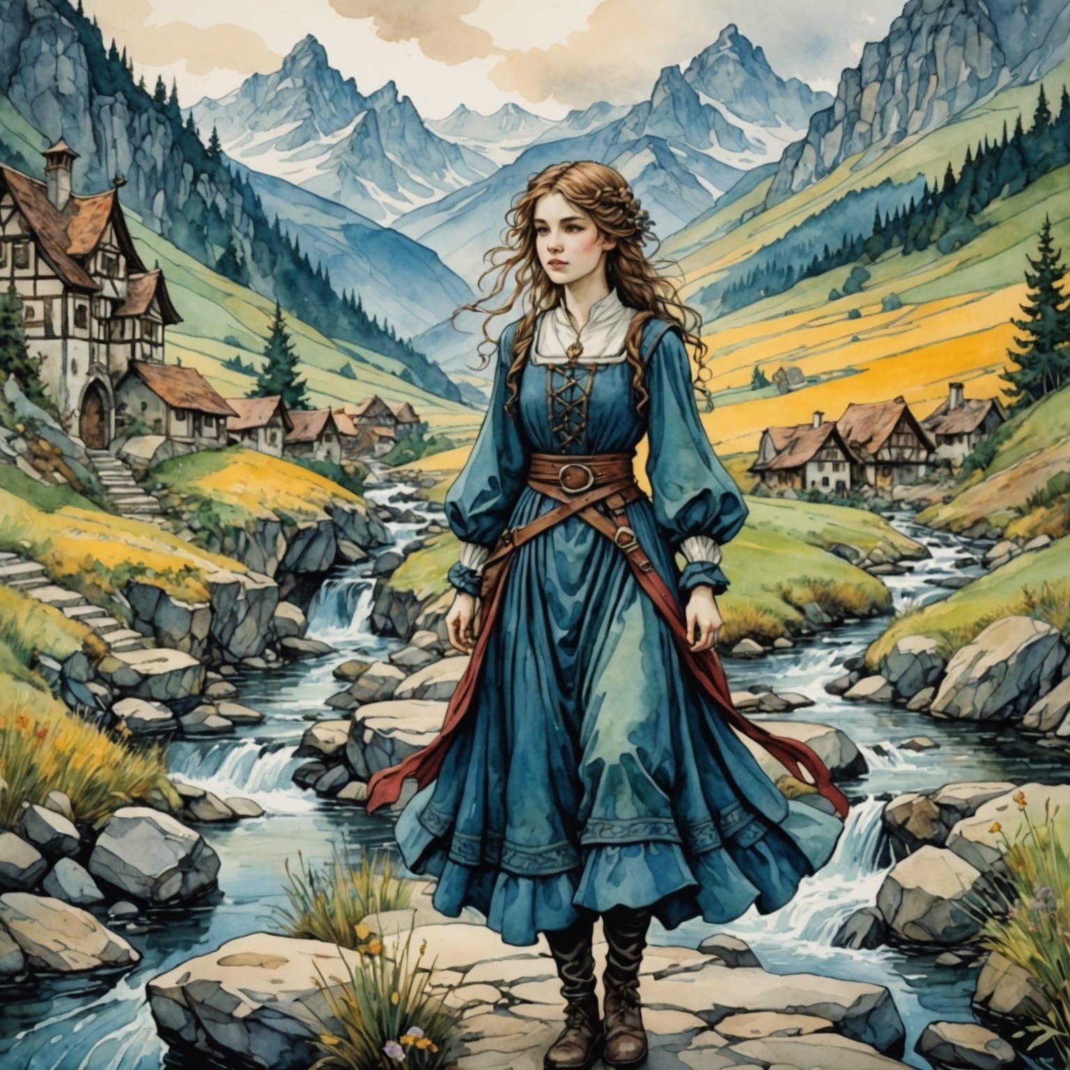 Medieval Girl in Stream: Rackham-Style Watercolor