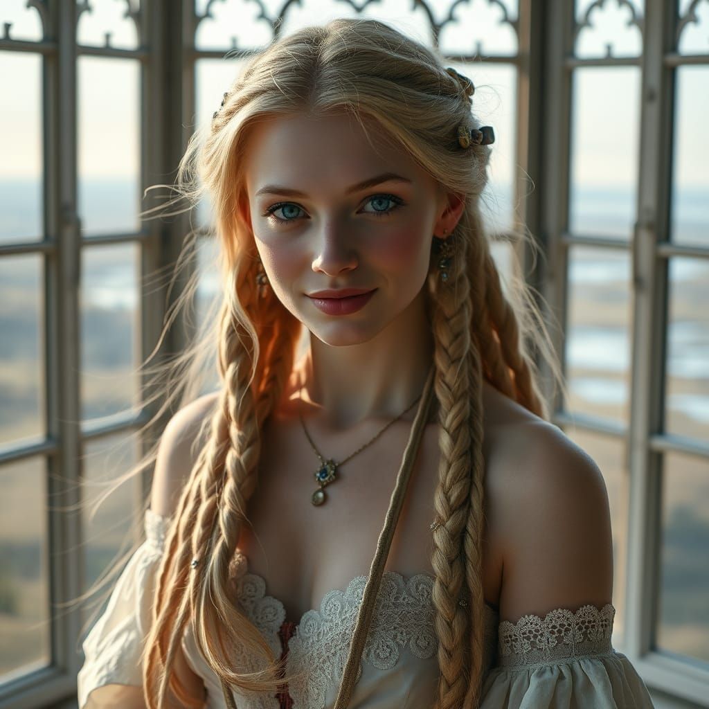 Ethereal Woman with Rainbow Braids in Dreamy Landscape