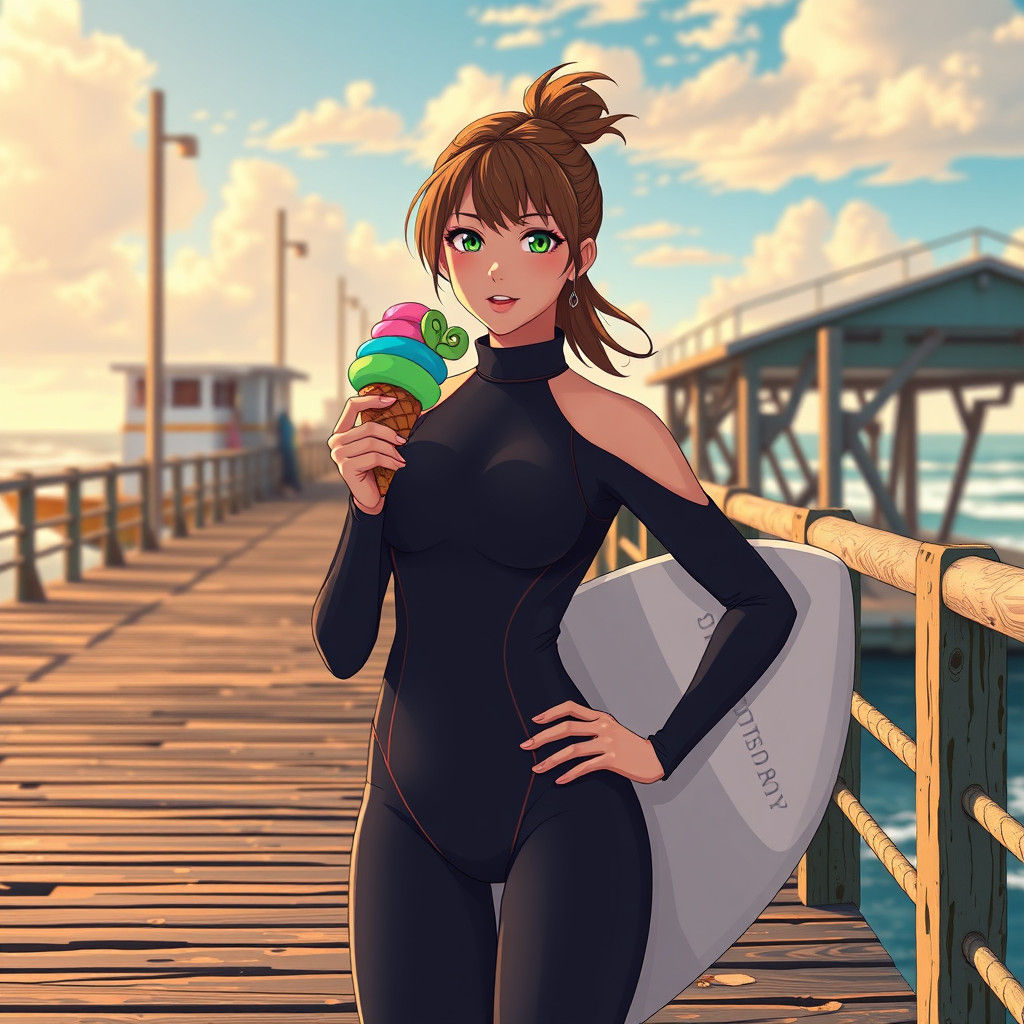 Anime Surfer on Pier with Ice Cream