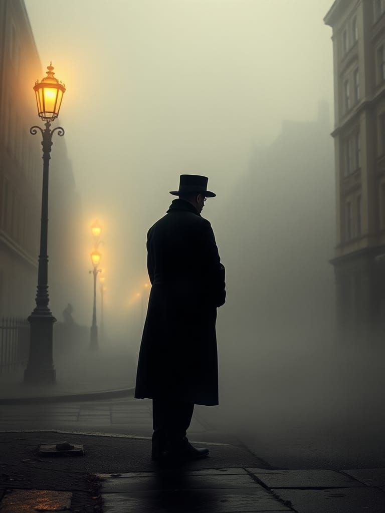 Misty Victorian London Street Scene with Gas Lamps